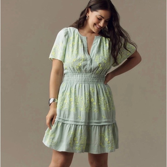 Anthropologie Dresses & Skirts - Anthropologie Somerset Mini Dress Small Linen Blend Mint Embroidered
